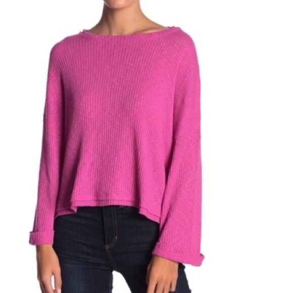 Abound Women's Pink Cyclamen Bandeau Neck Long Cuff Sleeve Ribbed Knit Top sz S - Picture 1 of 5